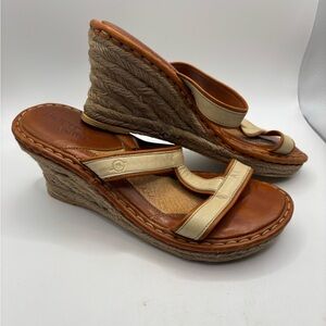 Born Drilles Women Sandal Size 6 Brown Ivory Leather Wedge Heel Mule Slide Rope